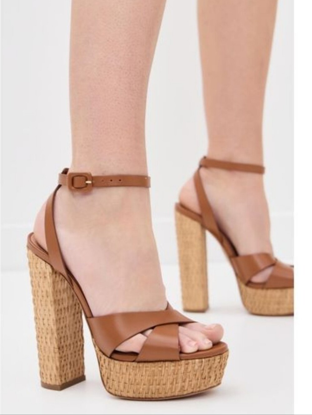 Aquazurra Light Brown Sunseeker Platform Open Toe Square Leather Heel 150mm NEW